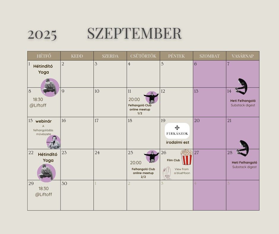 Felhangoló Calendar 2025 szeptember programok, események, webinár, yoga, film club, irodalmi est